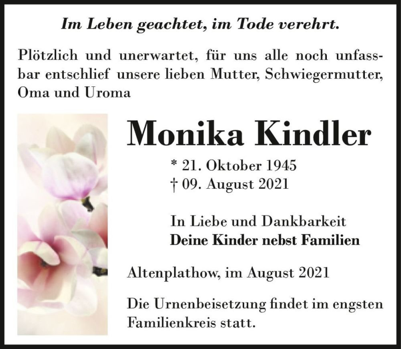  Traueranzeige für Monika Kindler  vom 14.08.2021 aus Magdeburger Volksstimme