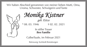 Traueranzeige von Monika Kistner (geb. Eitze)  von Magdeburger Volksstimme