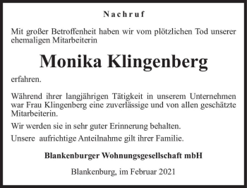 Traueranzeige von Monika Klingenberg  von Magdeburger Volksstimme
