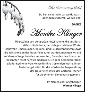 Traueranzeige von Monika Klinger  von Magdeburger Volksstimme