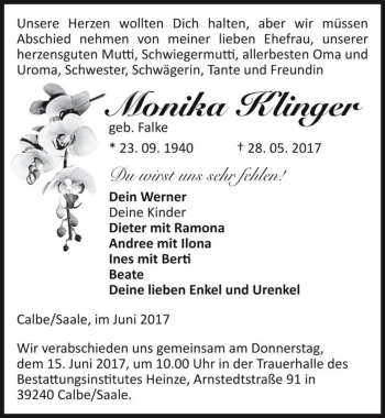 Traueranzeige von Monika Klinger (geb. Falke)  von Magdeburger Volksstimme