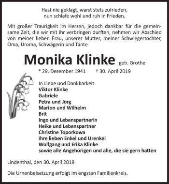 Traueranzeige von Monika Klinke (geb. Grothe)  von Magdeburger Volksstimme