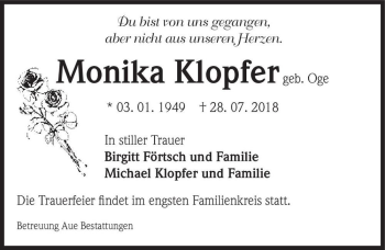 Traueranzeige von Monika Klopfer (geb. Oge)  von Magdeburger Volksstimme