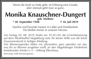 Traueranzeige von Monika Knauschner-Dungert (geb. Meißner)  von Magdeburger Volksstimme
