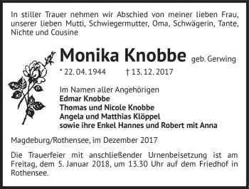 Traueranzeige von Monika Knobbe (geb. Gerwing)  von Magdeburger Volksstimme