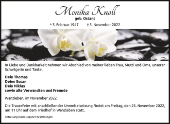 Traueranzeige von Monika Knoll (geb. Ostant)  von Magdeburger Volksstimme