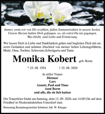 Traueranzeige von Monika Kobert (geb. Borm)  von Magdeburger Volksstimme