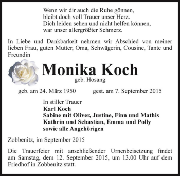 Traueranzeige von Monika Koch (geb. Hosang)  von Magdeburger Volksstimme