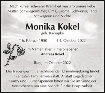 Traueranzeige von Monika Kokel (geb. Karsupke)  von Magdeburger Volksstimme