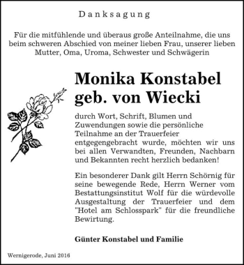 Traueranzeige von Monika Konstabel (geb. von Wiecki)  von Magdeburger Volksstimme