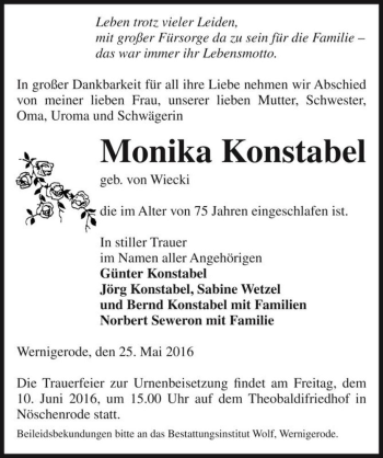 Traueranzeige von Monika Konstabel (geb. von Wiecki)  von Magdeburger Volksstimme