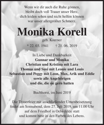 Traueranzeige von Monika Korell (geb. Koerner)  von Magdeburger Volksstimme