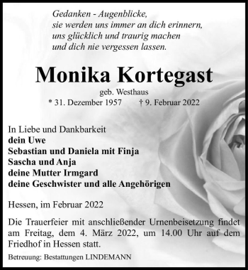 Traueranzeige von Monika Kortegast (geb. Westhaus)  von Magdeburger Volksstimme