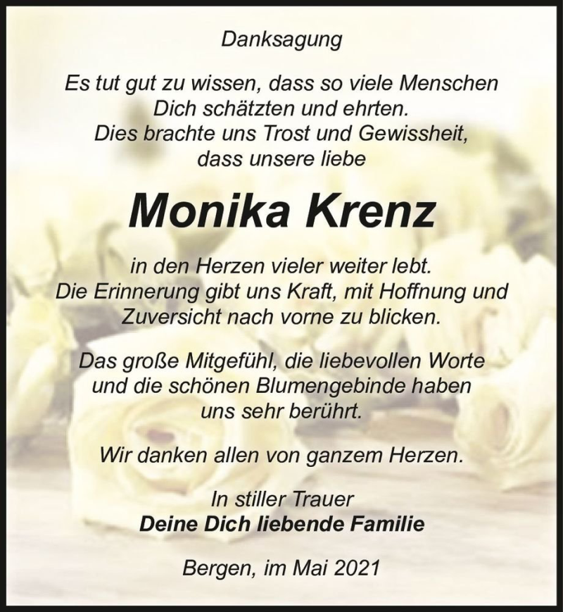  Traueranzeige für Monika Krenz  vom 08.05.2021 aus Magdeburger Volksstimme