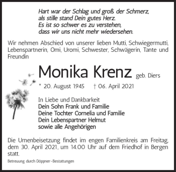 Traueranzeige von Monika Krenz (geb. Diers)  von Magdeburger Volksstimme