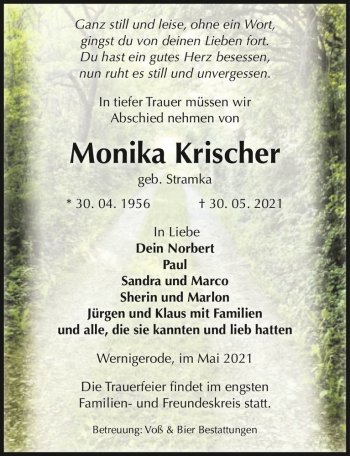 Traueranzeige von Monika Krischer (geb. Stramka)  von Magdeburger Volksstimme