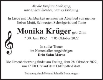 Traueranzeige von Monika Krüger (geb. Zilm)  von Magdeburger Volksstimme