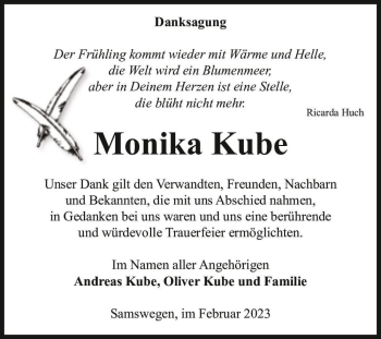 Traueranzeige von Monika Kube  von Magdeburger Volksstimme
