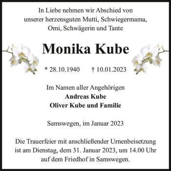 Traueranzeige von Monika Kube  von Magdeburger Volksstimme