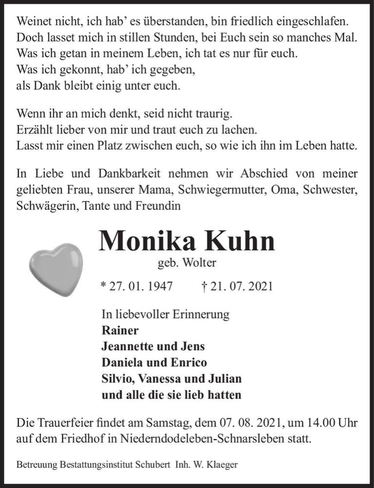  Traueranzeige für Monika Kuhn (geb. Wolter)  vom 31.07.2021 aus Magdeburger Volksstimme