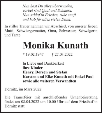 Traueranzeige von Monika Kunath  von Magdeburger Volksstimme