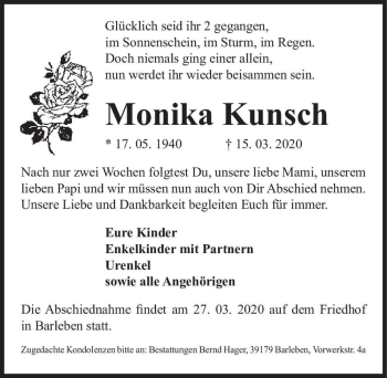Traueranzeige von Monika Kunsch  von Magdeburger Volksstimme