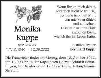 Traueranzeige von Monika Kuppe (geb. Lefevre)  von Magdeburger Volksstimme