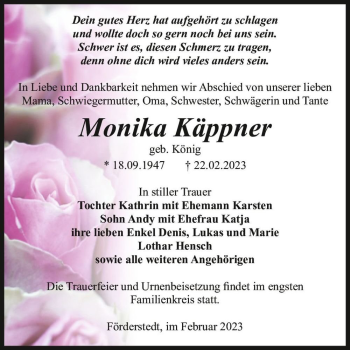 Traueranzeige von Monika Käppner (geb. König)  von Magdeburger Volksstimme