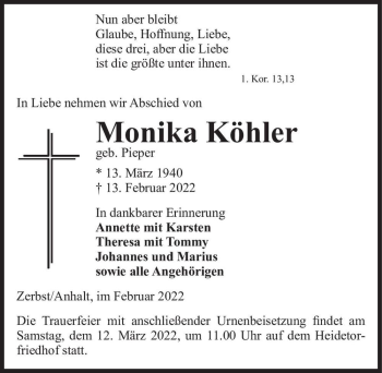 Traueranzeige von Monika Köhler  von Magdeburger Volksstimme