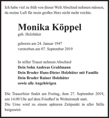 Traueranzeige von Monika Köppel (geb. Holzhüter)  von Magdeburger Volksstimme