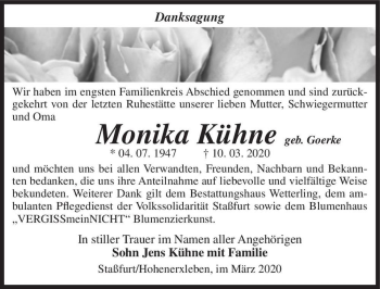 Traueranzeige von Monika Kühne (geb. Goerke)  von Magdeburger Volksstimme