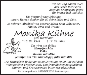 Traueranzeige von Monika Kühne (geb. Hartmann)  von Magdeburger Volksstimme