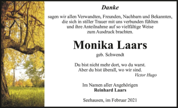 Traueranzeige von Monika Laars (geb. Schwendt)  von Magdeburger Volksstimme