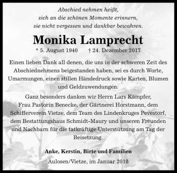 Traueranzeige von Monika Lamprecht  von Magdeburger Volksstimme