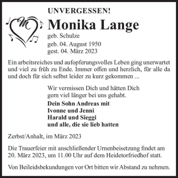 Traueranzeige von Monika Lange (geb. Schulze)  von Magdeburger Volksstimme
