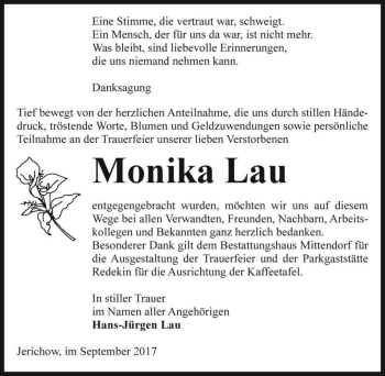 Traueranzeige von Monika Lau  von Magdeburger Volksstimme