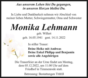 Traueranzeige von Monika Lehmann (geb. Willert)  von Magdeburger Volksstimme