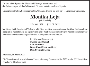 Traueranzeige von Monika Leja (geb. Flechsig)  von Magdeburger Volksstimme