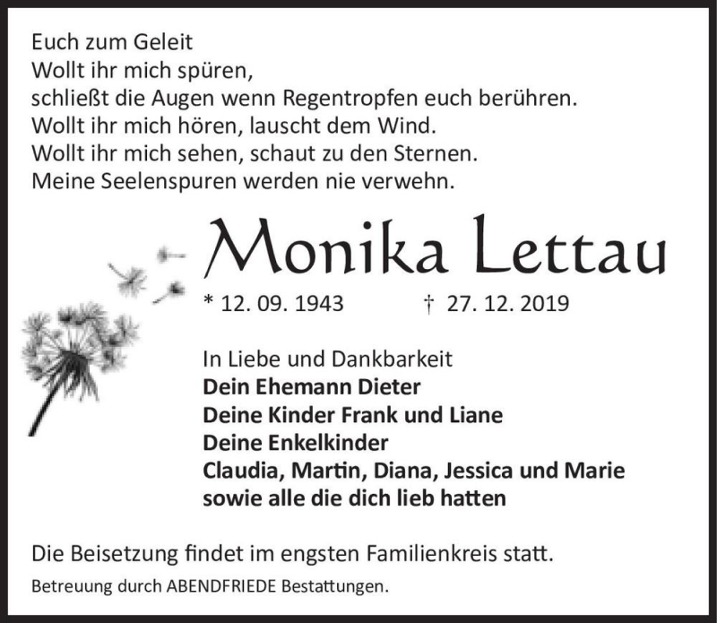  Traueranzeige für Monika Lettau  vom 11.01.2020 aus Magdeburger Volksstimme