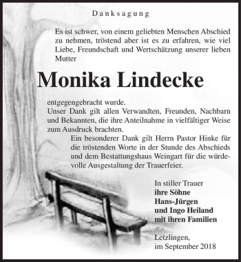 Traueranzeige von Monika Lindecke  von Magdeburger Volksstimme