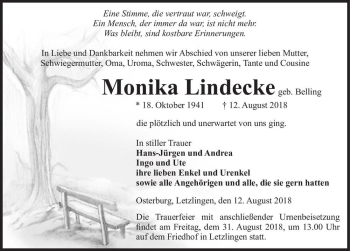 Traueranzeige von Monika Lindecke (geb. Belling)  von Magdeburger Volksstimme