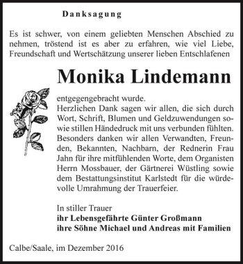 Traueranzeige von Monika Lindemann  von Magdeburger Volksstimme