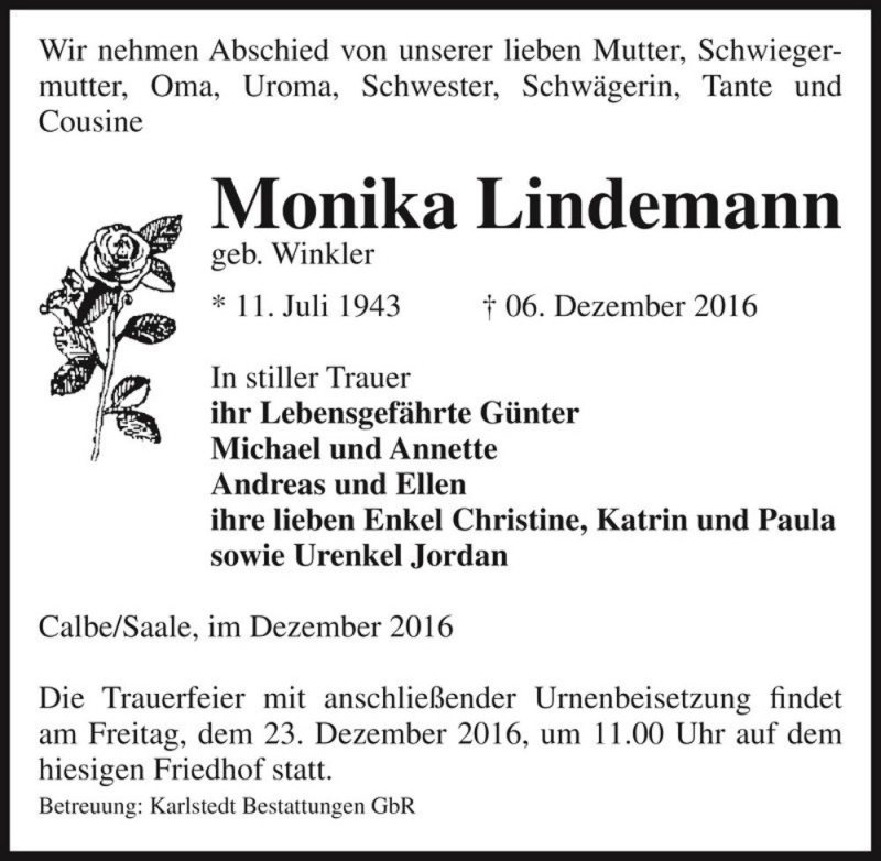  Traueranzeige für Monika Lindemann (geb. Winkler)  vom 10.12.2016 aus Magdeburger Volksstimme