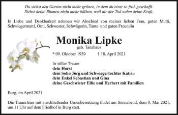 Traueranzeige von Monika Lipke (geb. Tanzhaus)  von Magdeburger Volksstimme