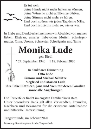 Traueranzeige von Monika Lude (geb. Riedl)  von Magdeburger Volksstimme