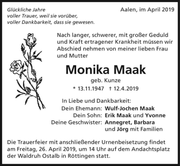 Traueranzeige von Monika Maak (geb. Kunze)  von Magdeburger Volksstimme