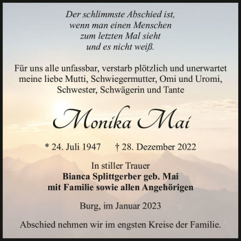 Traueranzeige von Monika Mai  von Magdeburger Volksstimme