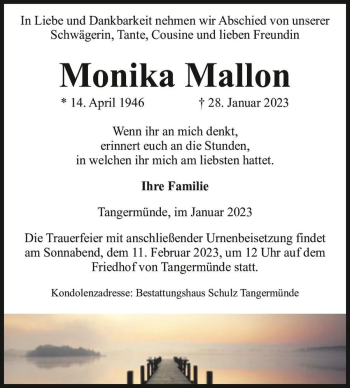 Traueranzeige von Monika Mallon  von Magdeburger Volksstimme