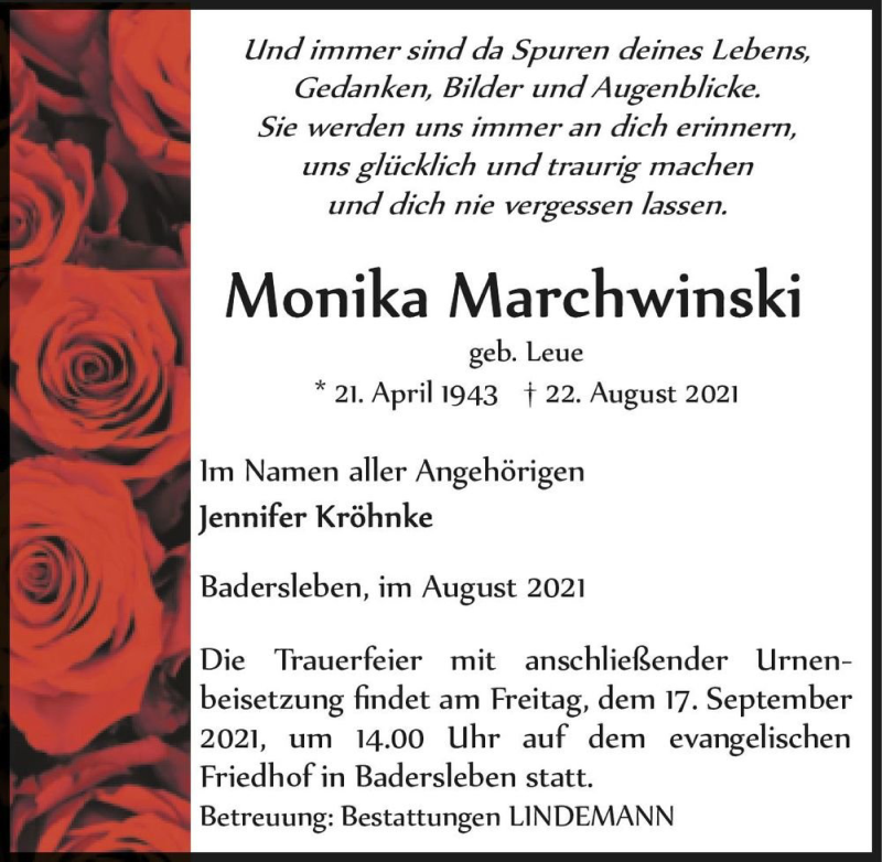  Traueranzeige für Monika Marchwinski (geb. Leue)  vom 28.08.2021 aus Magdeburger Volksstimme