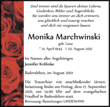 Traueranzeige von Monika Marchwinski (geb. Leue)  von Magdeburger Volksstimme